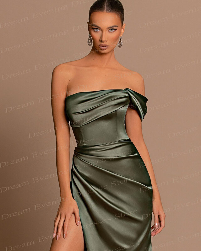Sexy One-Shoulder Mermaid Simple Evening Dresses Off the Shoulder High Slit Satin Prom Gowns Vestido De Gala For Formal Party