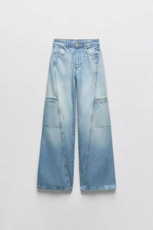 Women New Fashion Pocket decoration Work style Loose wide leg Straight Jeans Vintage High Waist Zipper Female Denim Pants Mujer