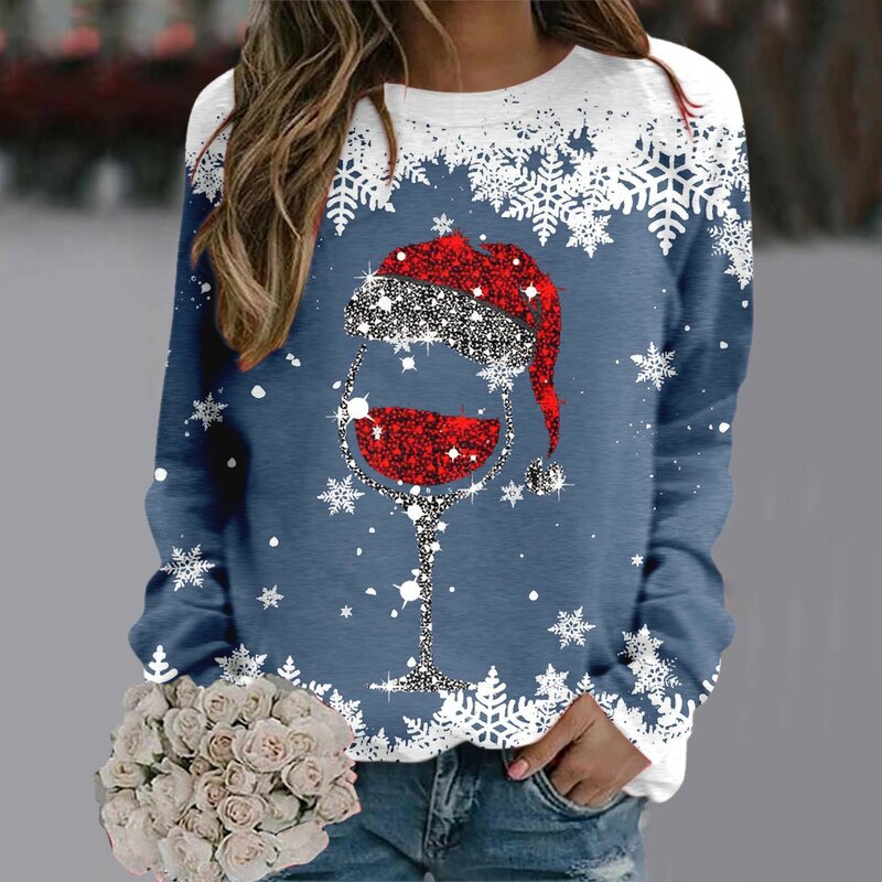 Hoodie motif natal wanita, kaus Pullover longgar lengan panjang leher bulat musim semi musim gugur ukuran besar