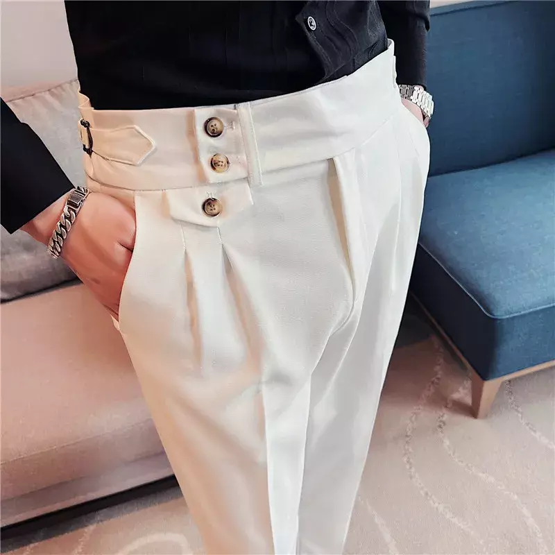 Brytyjski styl wiosna nowe solidne spodnie garnitur w stylu Business Casual z wysokim stanem guziki męskie formalne spodnie wysokiej jakości Slim spodnie biurowe