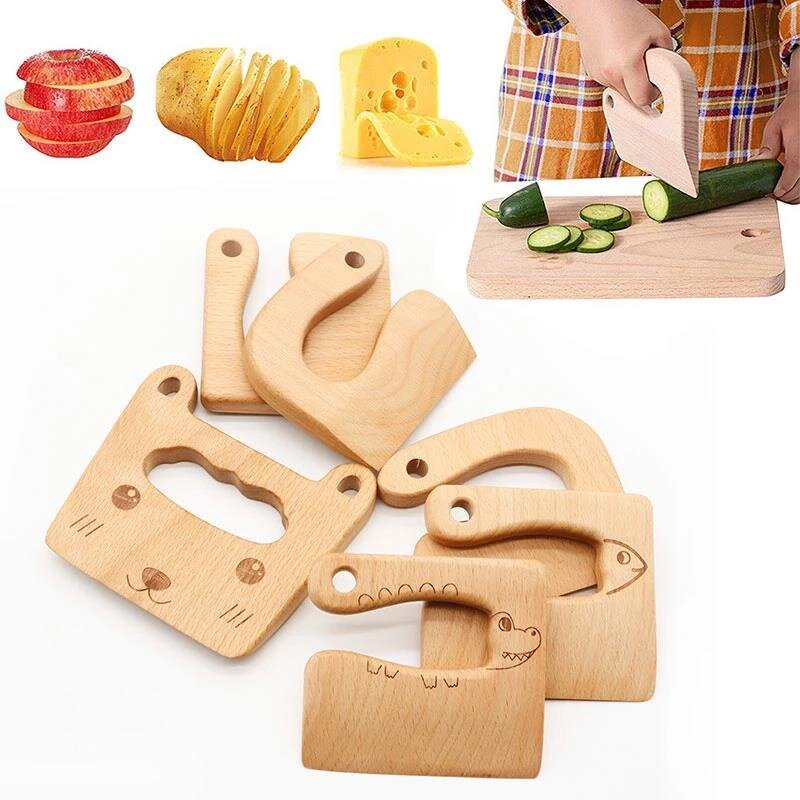 Cuchillo de madera con forma de dinosaurio para niños, herramienta de cocina con forma de pez, cortador de frutas y verduras, Juguetes