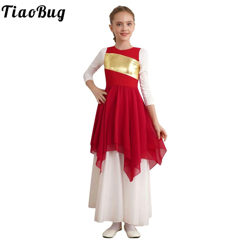 Gaun dansa anak perempuan, baju Hem asimetris lengan panjang, kostum perca, gaun dansa Lyrical blok warna untuk anak perempuan