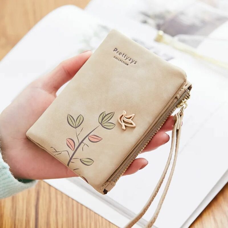 Zipper Women Short Wallet Small Clutch Bag PU Leather Ladies ID Card Holder Solid Color Bird Tree Pattern Design