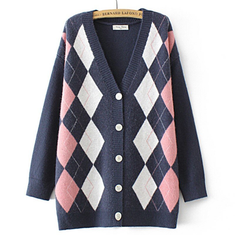 4XL Plus Size Knitting Cardigan Women Clothing Autumn Winter Contrast Color Argyle Jumpers Leisure V-Neck Button Sweater