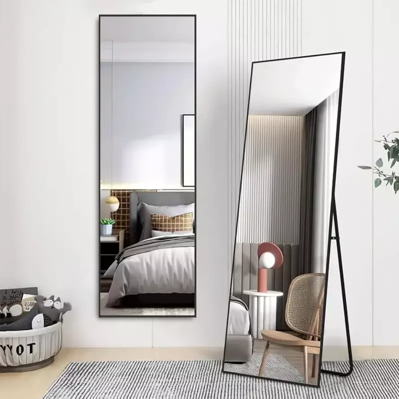 전체 길이 거울, 알루미늄 합금 프레임, 대형 벽, 화장대, 침실, 드레싱 거울, 거실 거울, 블랙, 59x16 인치