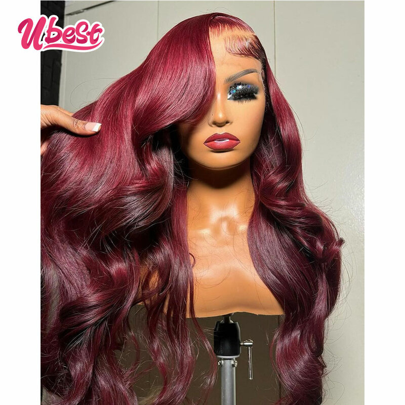 Парик из человеческих волос, 13x6, 34 дюйма, бордового цвета, 99j, плотность 180%, бразильский прозрачный парик для женщин