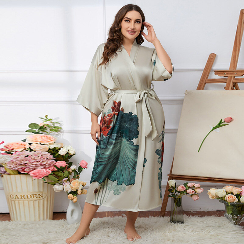 Women's Spring Summer Sexy V-Neck Ice Silk Luxury Line With Morning Robe Bathrobe Nightgowns