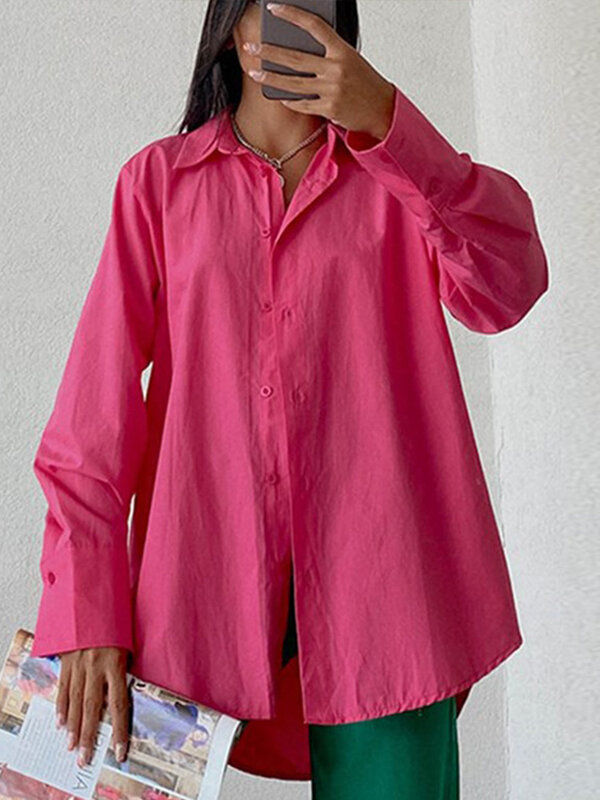 Женская Офисная рубашка с отложным воротником, элегантная повседневная однотонная блузка свободного покроя с длинным рукавом, корейский стиль, весна 2022