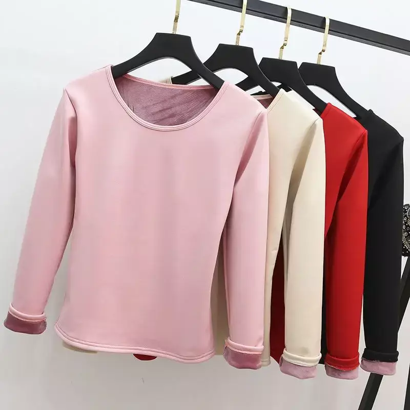 Winter Women's Warm Tops Solid Plush Thermal Underwear Thick Long-sleeved Pullover Shirts Slim Fleece Lined Bottoming Shirt