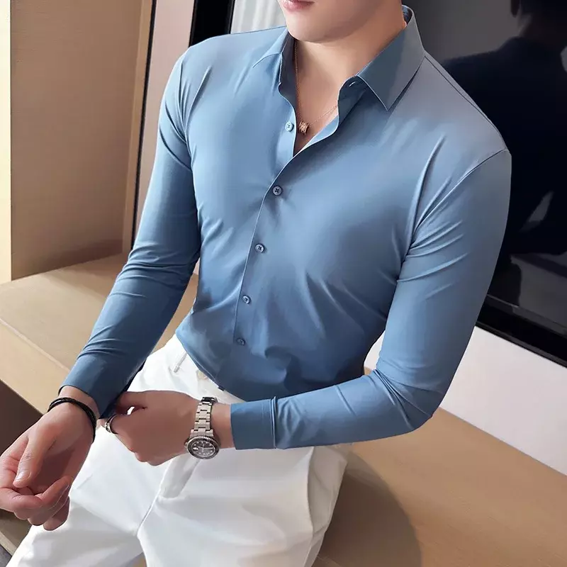 Men Long sleeved Shirt 2023 Summer New Thin Elastic Slim Fit Solid Casual Formal Dress Shirt Korean Men Clothing Oversized 4XL
