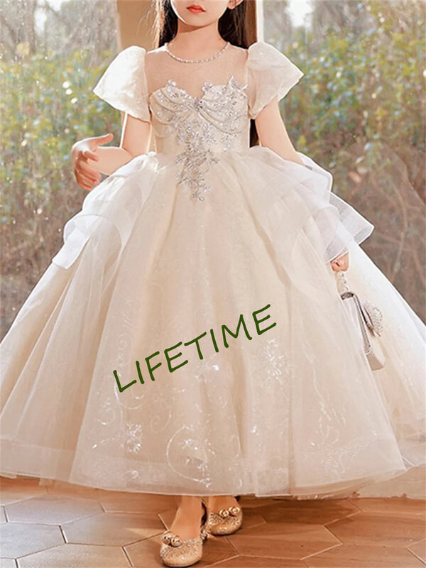 아이보리 꽃 소녀 드레스, 결혼식용 얇은 명주 그물 아플리케, 반팔 공주, 유아 미인 대회 가운, 첫 성찬식 드레스