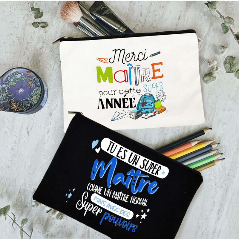 Merci Maitre Print Pencil Bag  Men Travel Toiletry Organizer Bags Makeup Pouch  Teacher's Day Graduation Thanks Gift for Teacher
