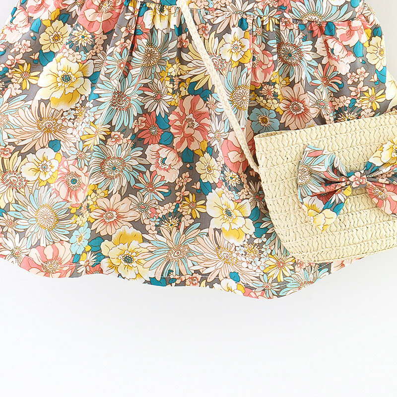 Летнее платье для маленьких девочек, новинка, винтажное платье с рукавами-фонариками и садовыми цветами, с соломенной сумкой