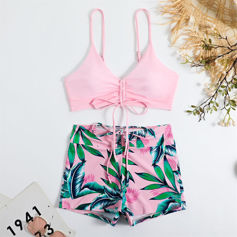 Pink Print Shorts Bikinis Sets High Waist Swimsuit Drawstring Sexy Vacation Swimwears Two Piece Women Beach Bathing Suits Outfit