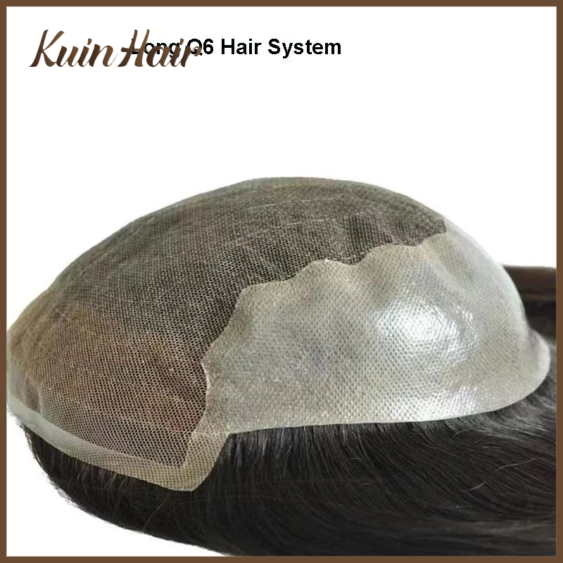 Tupé de encaje y PU largo personalizado para hombres, prótesis capilar de cabello humano masculino, unidad de sistema de reemplazo de rayita Natural transpirable, Q6