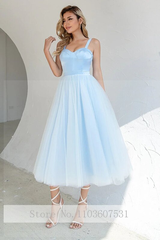 Chraming Spaghetti Straps Sweetheart Collar Prom Dress for Women A-line Tulle Tea-Length Prom Party Gown vestidos de festa