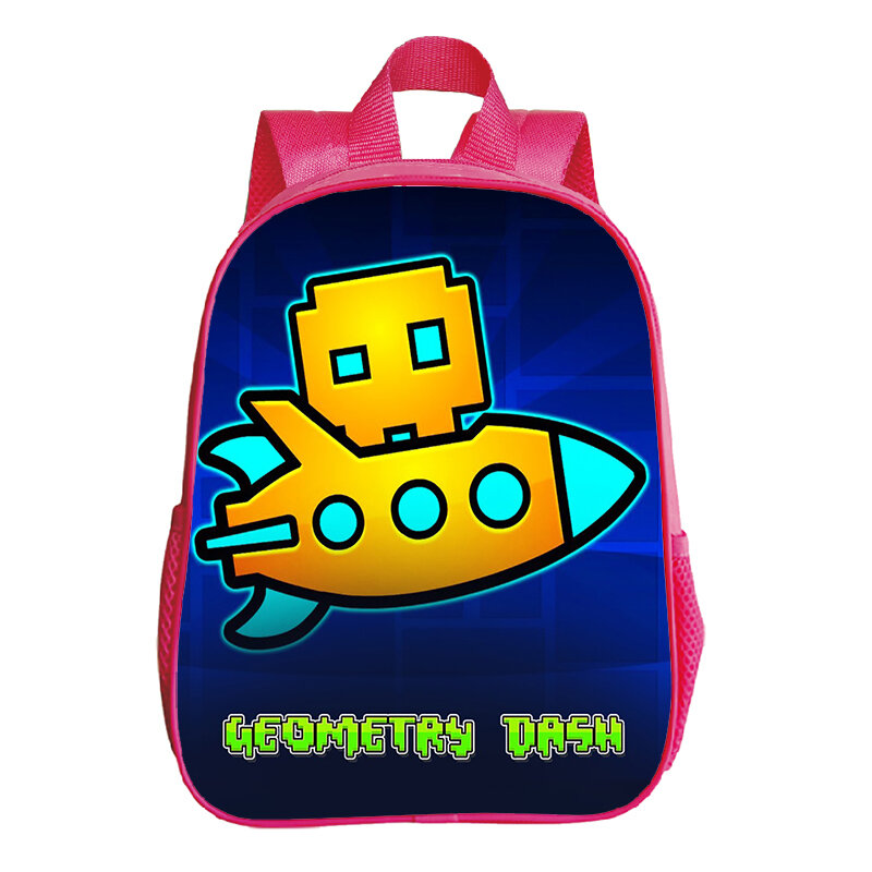 Geometry Dash Print Backpack, Cute Pink School Bags para meninas, Bookbag do jardim de infância dos desenhos animados, Mochilas pequenas para crianças
