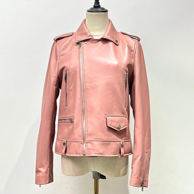 Женская байкерская куртка из натуральной овечьей кожи, однотонная короткая ветрозащитная мотоциклетная верхняя одежда на молнии, осень 2023