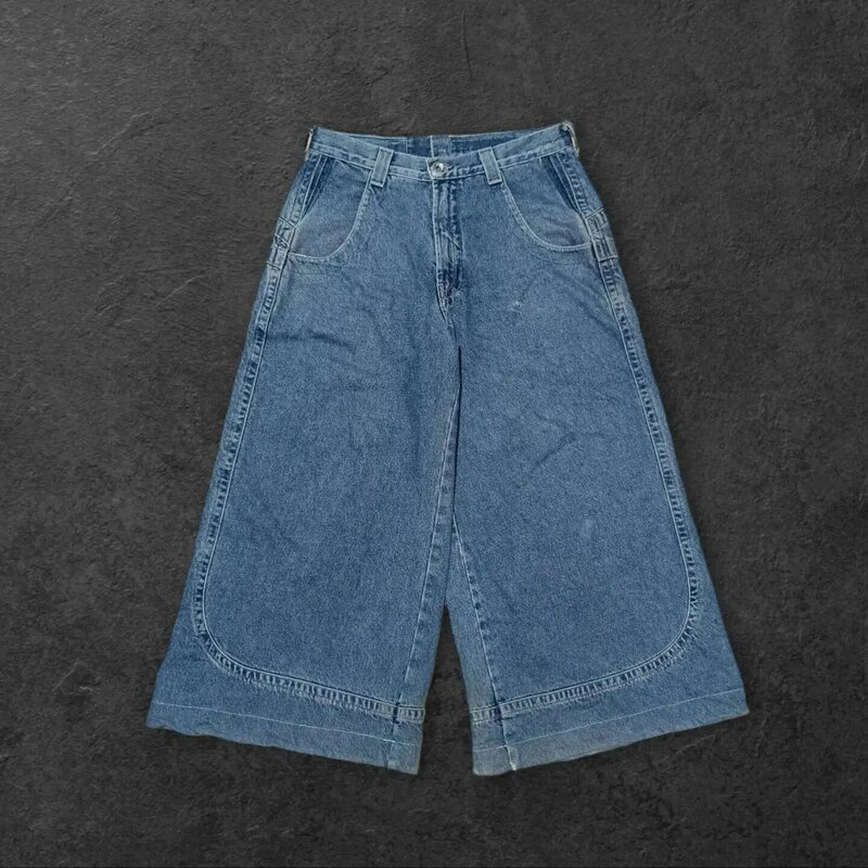 Harajuku Jeans Hip Hop JNCO Y2k untuk pria, celana panjang lebar pinggang tinggi Gotik klasik biru saku besar grafis Kangaroo