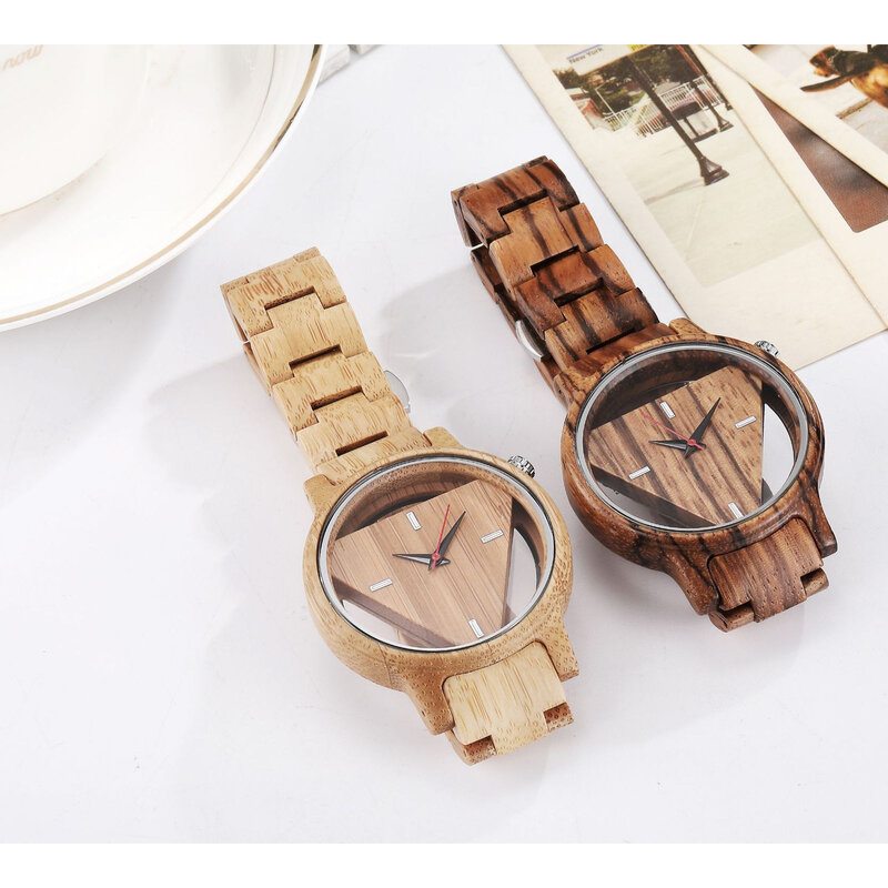 Męskie zegarki drewniane odwrócone trójkątne drewniany zegarek dla mężczyzn minimalistyczny zegarek kwarcowy prezenty urodzinowe