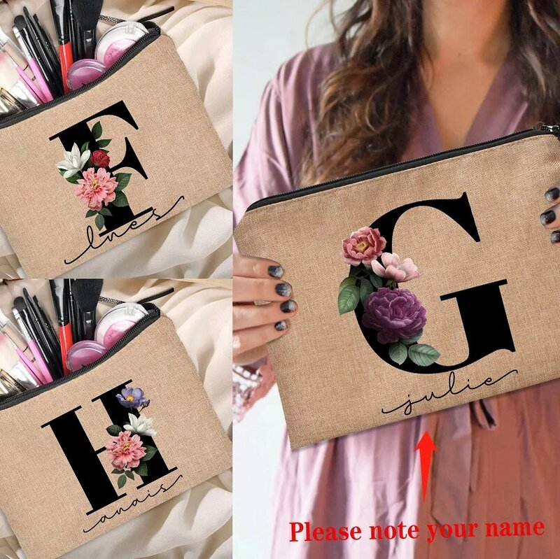 Bolso de mano de lino para mujer, estuche de cosméticos de viaje con estampado de letras y nombres personalizados, a la moda