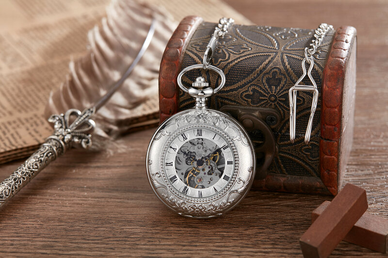 Retro Silber Pocket & Fob Uhren Full Double Hunter mechanische Taschenuhren graviert Männer Frauen Taschenuhr Kette Krankens ch wester Horloge
