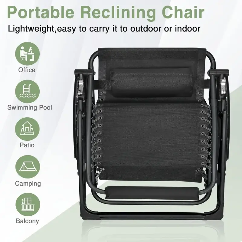 Шезлонг-стул с подставкой, принадлежности для кемпинга, для внутреннего дворика и отдыха на открытом воздухе, с подушкой, Пляжное Кресло 33 дюйма, черное кресло с откидывающейся спинкой без гравитации