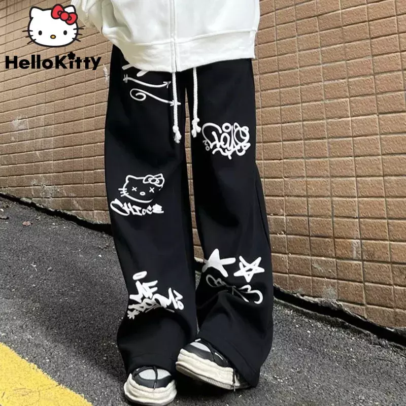 Sanrio Hello Kitty ชุดสตรีทแวร์ผ้าคอตตอน, กางเกงทรงหลวมแนวฮิปฮอปแนวฮิปฮอปแฟชั่นสำหรับผู้หญิงกางเกงขาม้ากราฟฟิตีกางเกงมีเชือกรูดอเนกประสงค์ทำจากผ้าฝ้ายสำหรับ Y2k