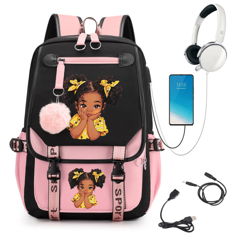 Zaino da scuola per ragazze con stampa ragazza nera multicolore borsa da scuola per cartoni animati carina per studenti adolescenti Bookbag zaino per adolescenti per Laptop