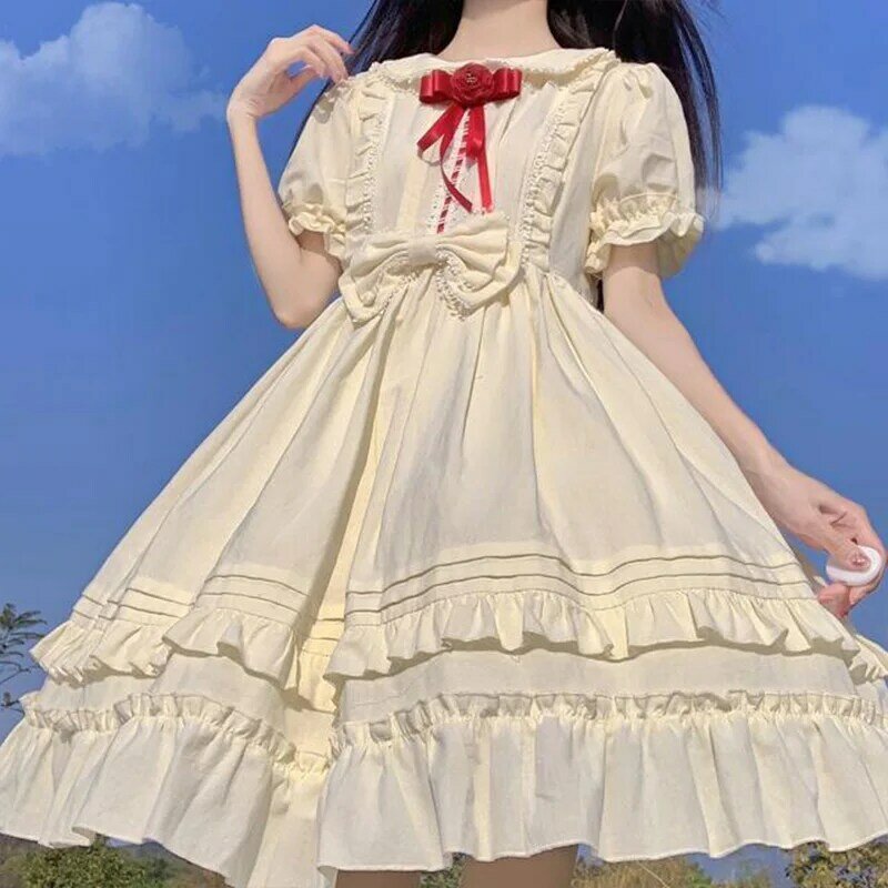 Sweet Lolita Short Sleeve Dress Women Ruffled Elegant Puff Sleeve Bow Summer Lolita Dresses Girls Kawaii Princess Party Vestidos