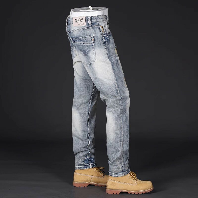 Newly Designer Fashion Men Jeans Retro Washed Blue Stretch Slim Fit Ripped Jeans Men Embroidery Patched Vintage Denim Pants