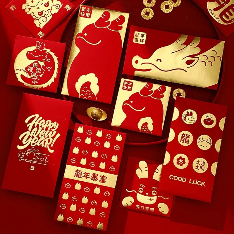 Paquete de Año Nuevo 2024, sobre Rojo, bolsa de dinero de la suerte, mejores deseos, bendición, buena suerte, patrón de dragón, bolsas de dinero, regalos de fiesta