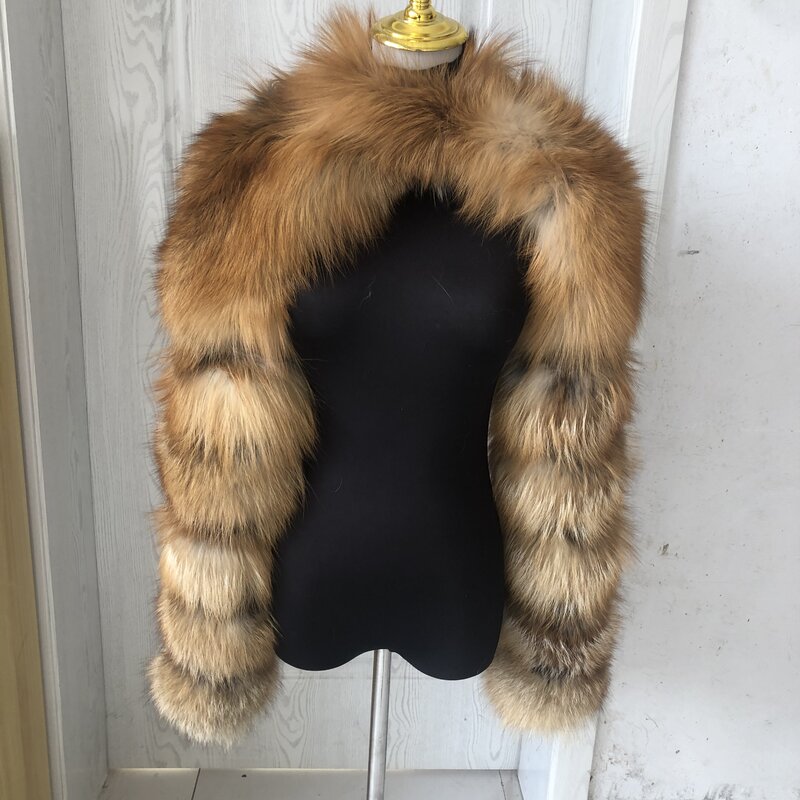 Abrigo de piel auténtica para mujer, mangas de un hombro de zorro rojo y plateado, piel de zorro natural, Mangas de doble hombro, moda