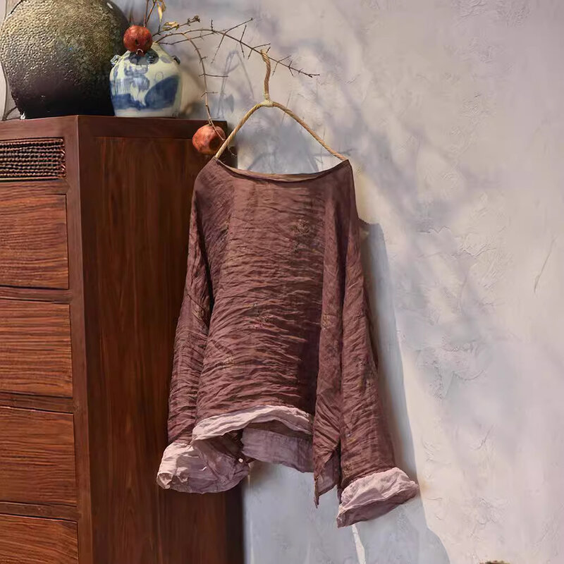 Blusa feminina de mangas compridas com o pescoço, tops soltos de linho, patchwork, plus size, rami, roupas de verão, 2024