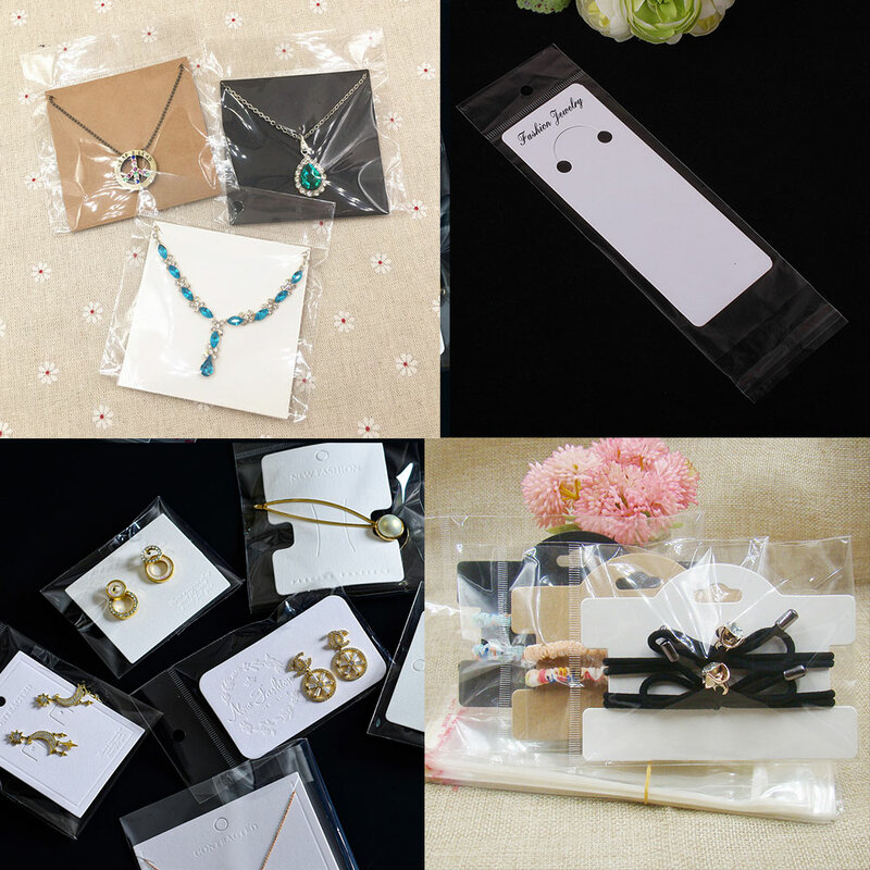 30 juegos de tarjetas de exhibición de joyas con bolsas transparentes Opp para collar hecho a mano, pulsera, pendientes, sombreros, bolsas de envoltura, hallazgos de bricolaje