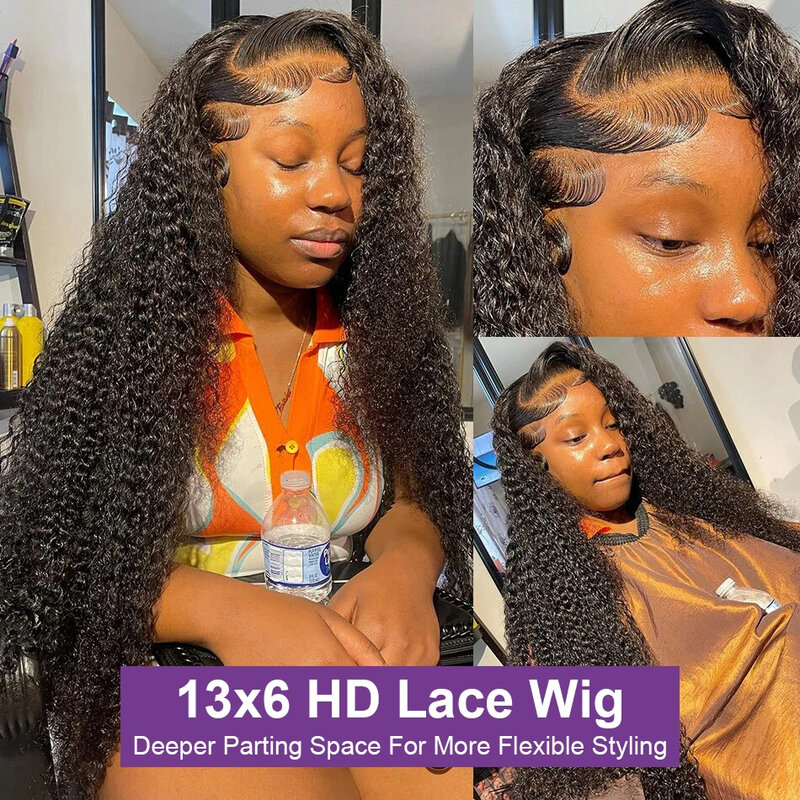 Perruque Lace Front Wig naturelle bouclée, cheveux humains, Deep Wave, HD, 13x6, sans colle