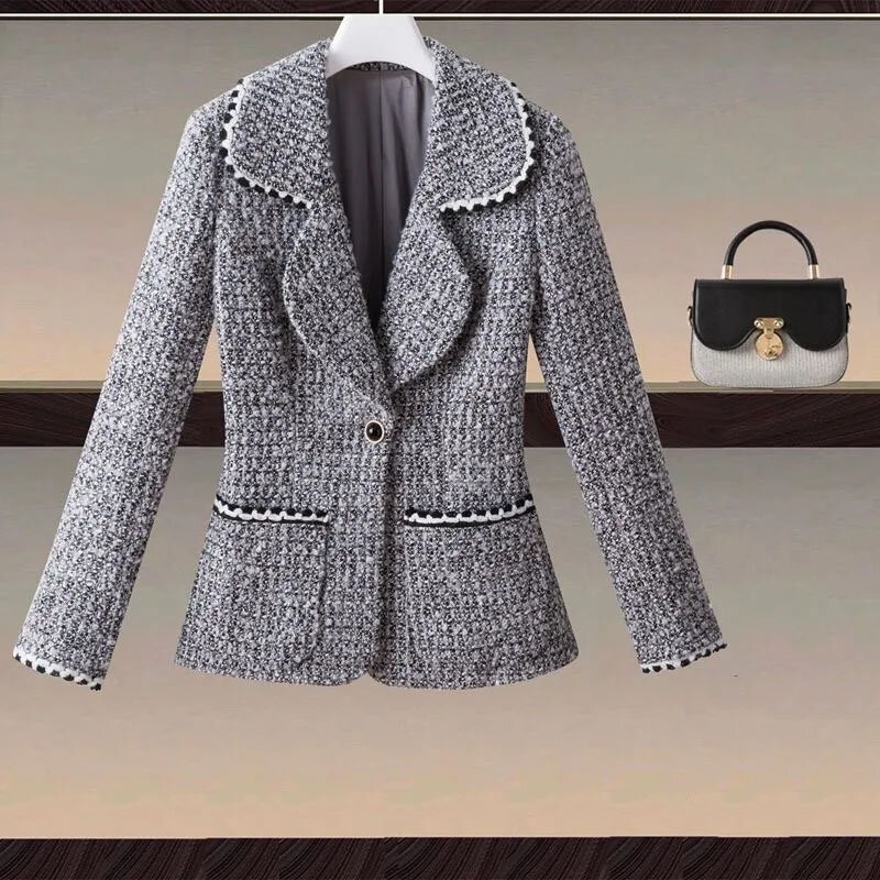 女性のツイード衣装,長袖ジャケット,1つのバックル,香りのコート,スーツの襟,新しいファッション,春と秋,2024