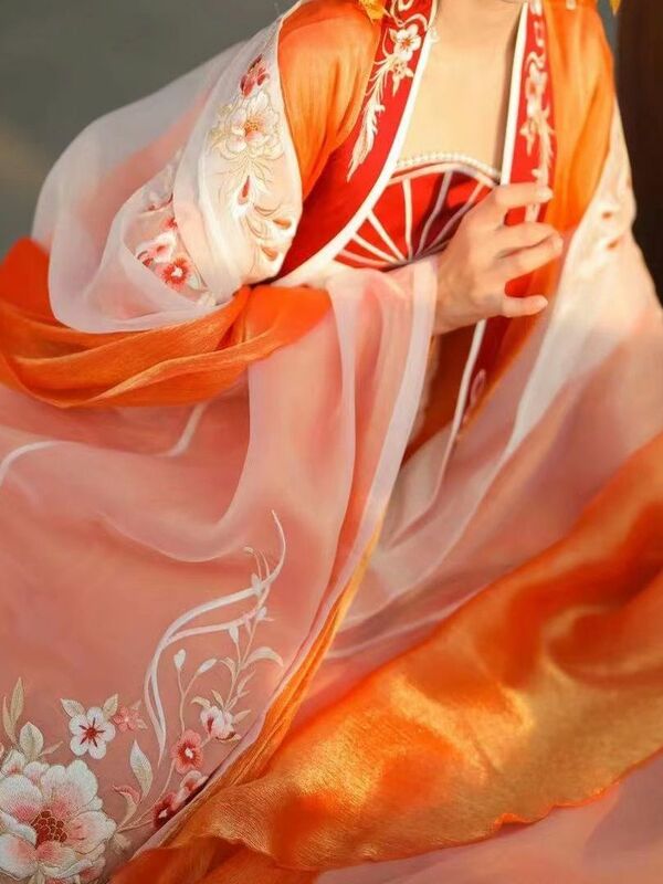 สีส้ม Hanfu ผู้หญิงสไตล์จีนโบราณคอสตูม Hezi กระโปรงราชวงศ์ถังชุดคอสเพลย์ผู้หญิงชุดประจำชาติจีน
