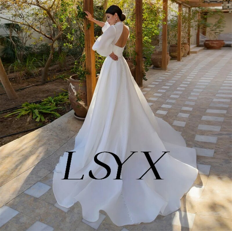 LSYX maniche a sbuffo collo alto tagliato abito da sposa in Organza bottone indietro a-line abito da sposa con perline corte treno su misura