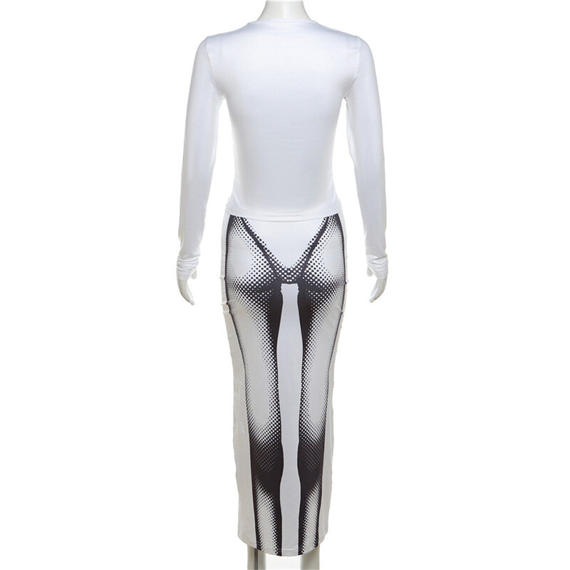 3D Body Print 2 Piece Set Women O Neck Long Sleeve T-shirts Top Bodycon Maxi Skirts Autumn Fashion Sexy Clubwear Clothing Suits