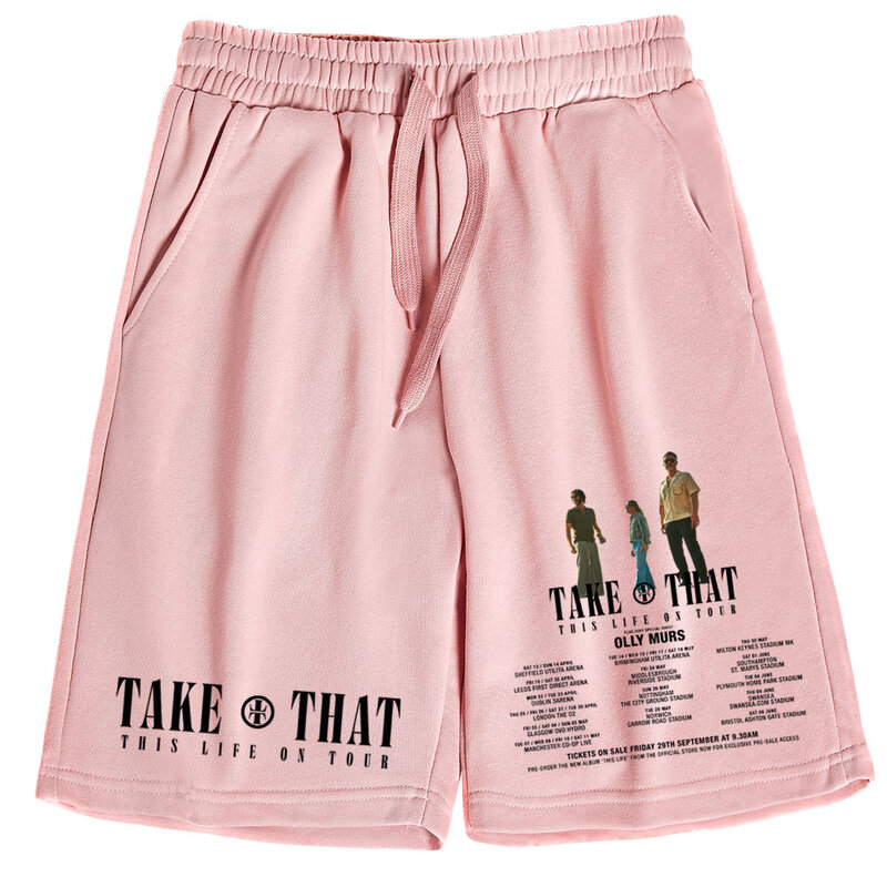 Calças curtas para homens e mulheres, calças de algodão, calças de praia, Take That Life On Tour, 2024