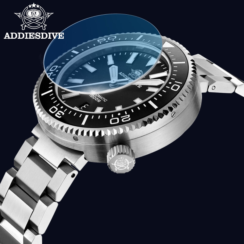 ADDIESDIVE 남성용 사파이어 크리스탈 블루 야광 다이얼 세라믹 베젤, 316L 스테인리스 스틸, 1000m 다이빙 기계식 시계