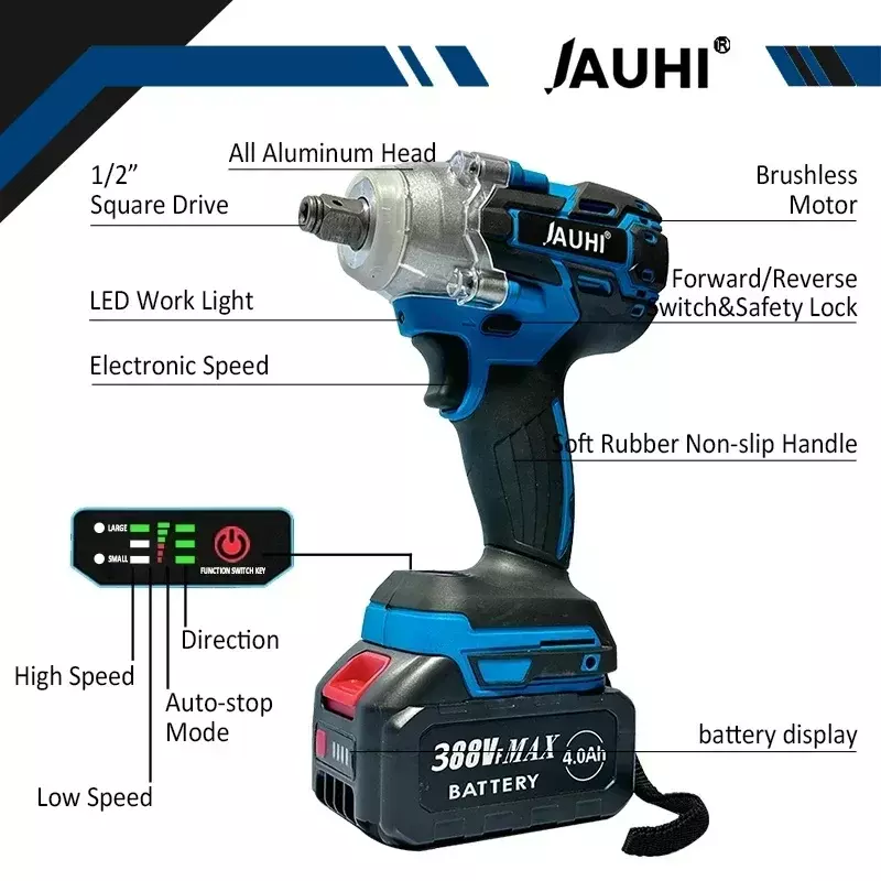 JAUHI 520N.M Brushless Electric Impact Wrench Cordless Electric Wrench 1/2 Inch for Makita 18V Battery Screwdriver Power Tools