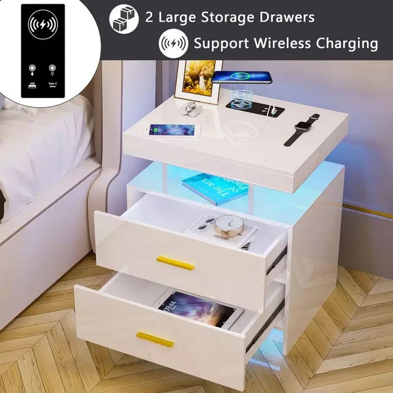 Automatyczna szafka nocna LED z bezprzewodową stacją ładującą i portami USB, stoliki nocne o wysokim połysku z 2 szufladami, pływająca szafka nocna, biały/czarny