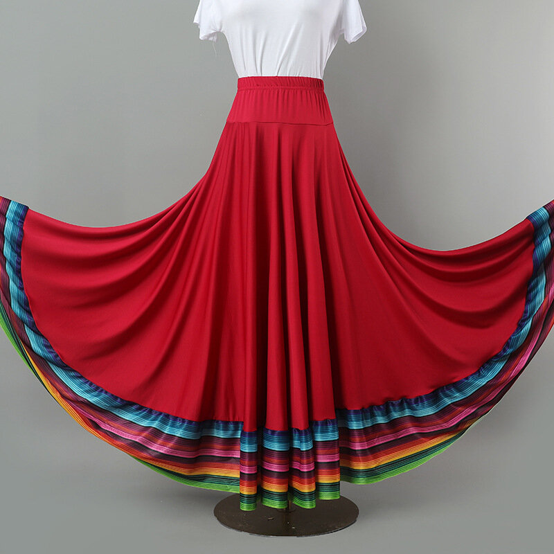 Юбка в этническом стиле для танцев, радужная эластичная юбка-качели, одежда для современных танцев, бальных танцев, площадей, выступлений