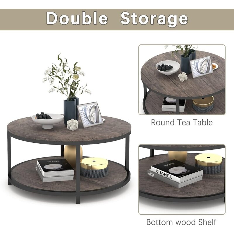 거실용 원형 커피 테이블, 36 인치 커피 테이블, 2 단 소박한 나무 탁상, 보관 선반 포함, 모던한 디자인 커피 테이블