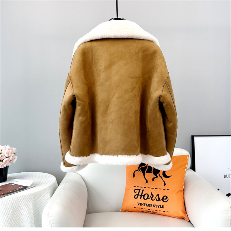 Tecido de poliéster dupla face casaco quente para mulheres, moda inverno, Sheep Shearling, JT3387