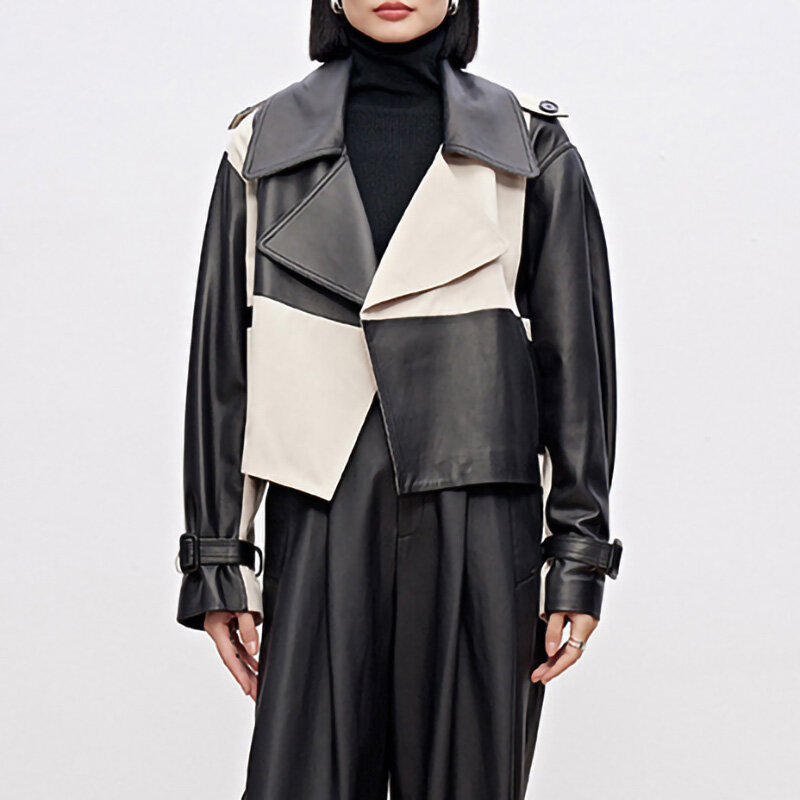 Fashion 2023 New Lady Leather Jackets Checkerboard Genuine Sheepskin Short Coat Elegant Streetwear AEL4938