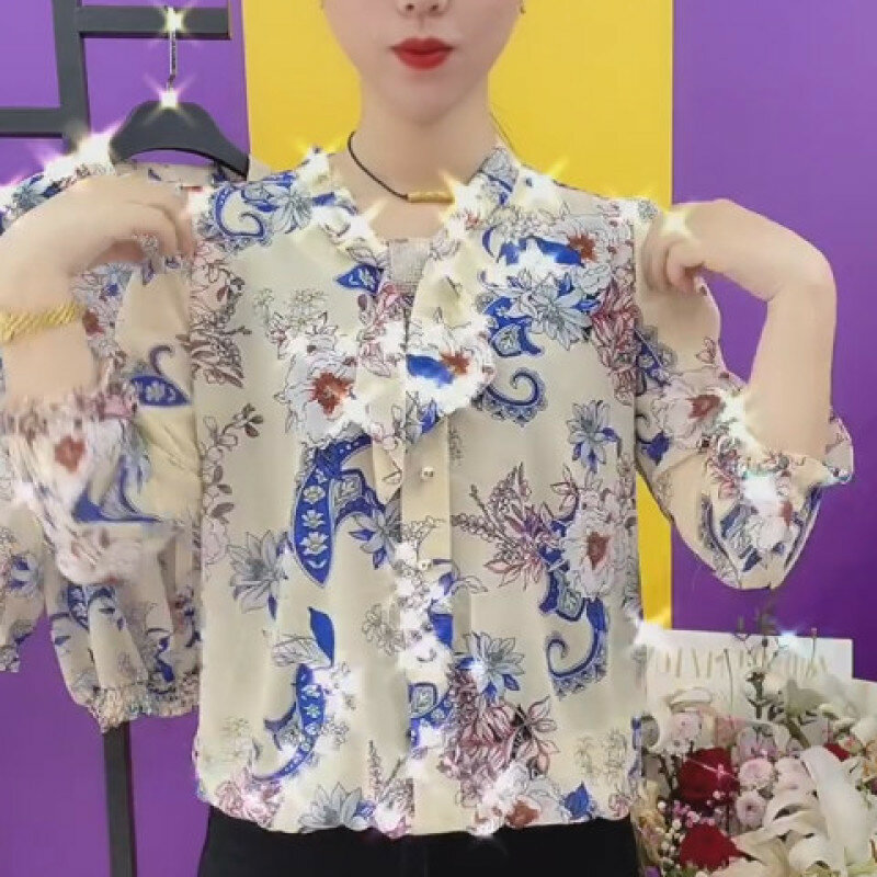Женская шифоновая блузка на пуговицах, элегантная Свободная блузка с воротником-шарфом и принтом бриллиантов, лето 2024