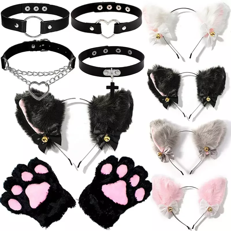 Cat Ear Bow Headband Necklace Cat Claw Gloves Cosplay Plush Bell Hairband Women Girl Masquerade Party Headwear Hair Accessories